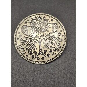 Round Silvertone Brooch Pin Flower Tree Design